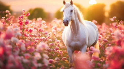 Cute, beautiful white horse in a field with flowers in nature, in sunny pink rays. - obrazy, fototapety, plakaty