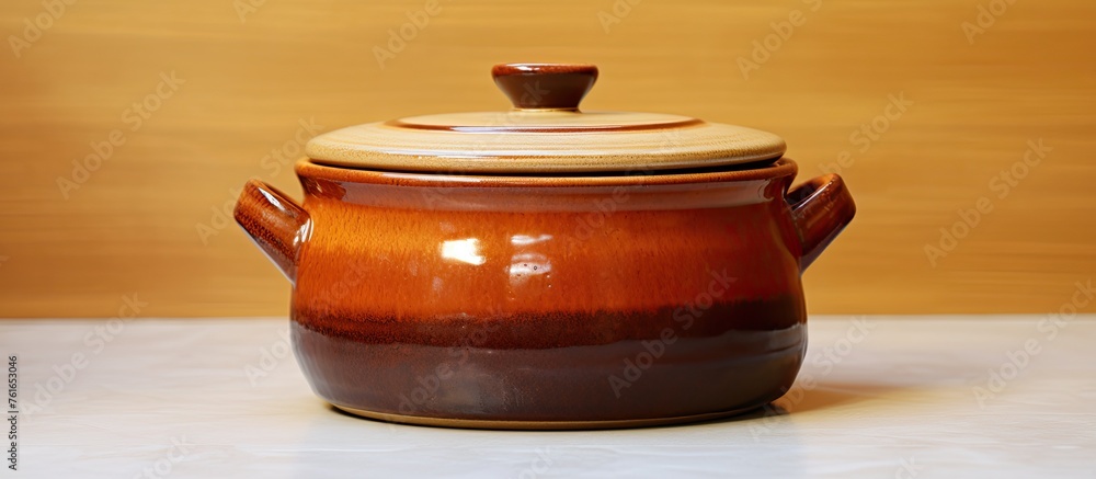 Poster a brown pottery crock with a lid is placed on a table as part of the tableware collection. the crock
