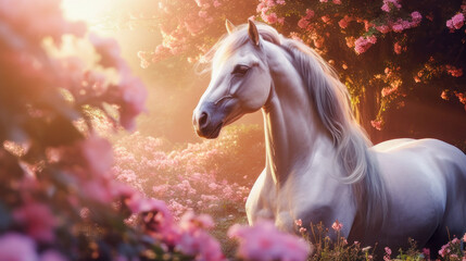 Obraz na płótnie Canvas Fairytale unicorn in a field with flowers in pink.