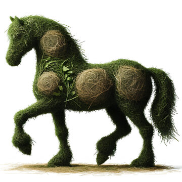 silhouette of horse made of grass and hay isolated on white background