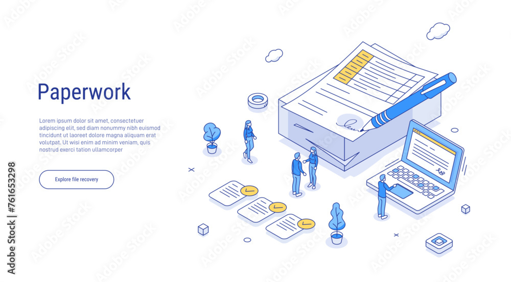 Poster people do paperwork concept design. everyday life of an office worker. people stand near a large sta