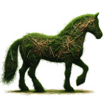 silhouette of horse made of grass and hay isolated on white background