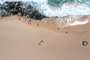 Beach with turquoise water on Fuerteventura island, Spain, Canary islands. Aerial view of sand beach, ocean texture background, top down view of beach
