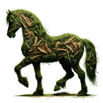 silhouette of horse made of grass and hay isolated on white background