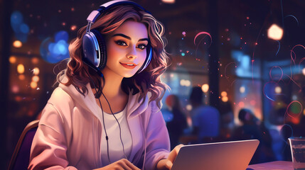Portrait of a young modern,DJ girl wearing headphones and using a laptop against the backdrop of a...