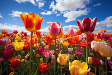 Vibrant Field of Colorful Flowers Under Blue Sky Generative AI