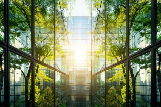 Modern building reflects nature and eco-friendly building in the city, sustainable glass building for reducing heat and carbon dioxide, Office building with a green environment, Blurred image