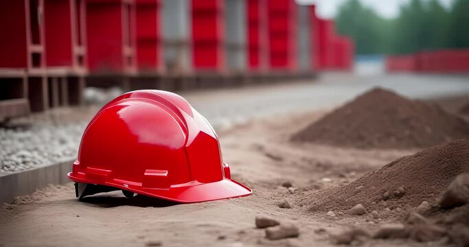 Close up cinematic scene of a red safety helmet of a project worker on the ground with blur background. with copy space