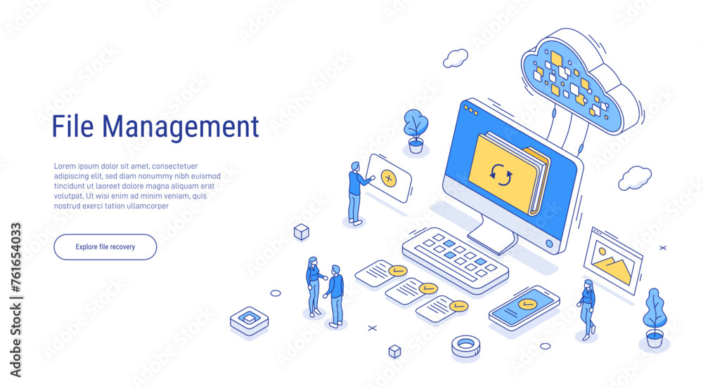 Poster file management concept. character search, share and secure transfer documents, folders and other da