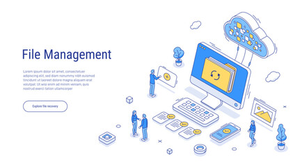 File management concept. Character search, share and secure transfer documents, folders and other data from devices in cloud database storage. Outline isometric. 3d line vector illustration.