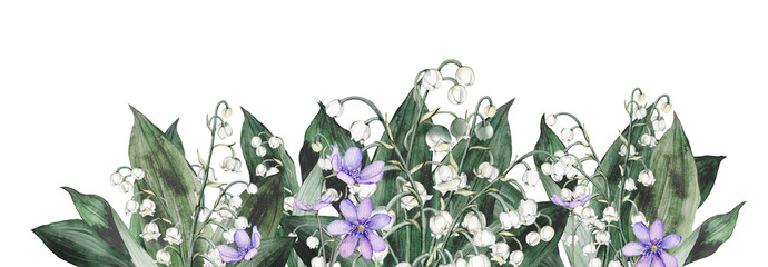 Watercolor banner with spring lilies of the valley and scilla. Watercolor spring primrose flower in border for wedding. Decorative element for greeting card. hand drawn illustration on isolated - obrazy, fototapety, plakaty