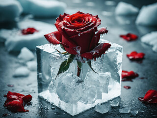 close-up photo of a beautiful red rose breaking through a cube made of ice and growing up, generative AI