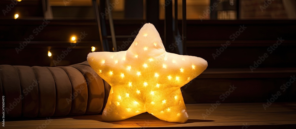Poster a sculpture of a star made out of wood and with lights on it is displayed on a table. this art piece