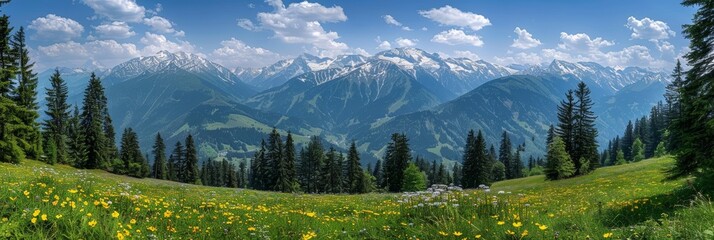 Fototapeta premium Tranquil mountain scenery lush meadows and wildflowers in rural nature panorama