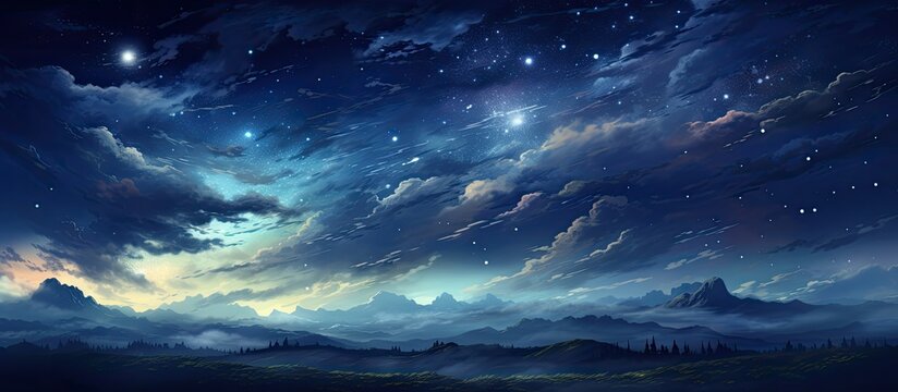 A painting depicting a dusk sky with cumulus clouds and shining stars, creating a peaceful atmosphere in the natural landscape