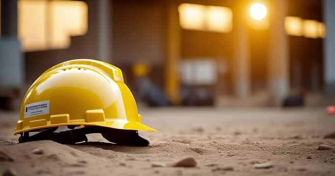 Close up cinematic scene of a yellow safety helmet of a project worker on the ground with blur background. with copy space