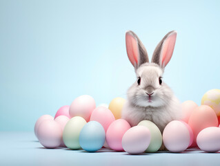 Cozy Easter card template. Funny easter bunny with eggs. Happy Easter backdrop. Spring celebrations background.