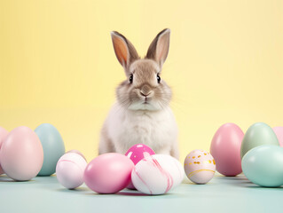 Cozy Easter card template. Funny easter bunny with eggs. Happy Easter backdrop. Spring celebrations background.