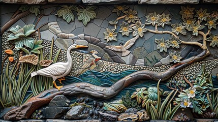 A close-up of the intricate tile mosaic on the hearth of a craftsman townhouse's fireplace, depicting scenes of nature and adding a touch of artistic flair to the cozy living room. - Powered by Adobe