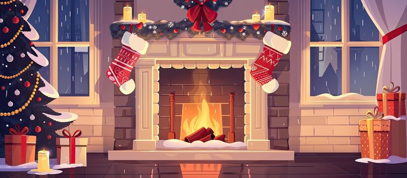 The living room in the house is decorated for Christmas with a fireplace made of wood and hearth, and a beautiful Christmas tree. The cozy atmosphere creates a perfect setting for festive events