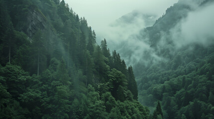 Gran bosque con niebla entre los arboles al comienzo de la primavera