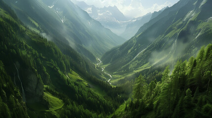 Verde valle alpino por el que transcurre un rio en primavera