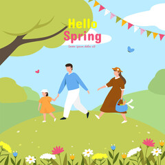 Hello Spring template. Happy family on picnic. Vector illustration EPS10