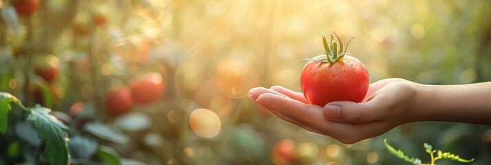 Ripe tomato held in hand, tomato selection on blurred background with copy space