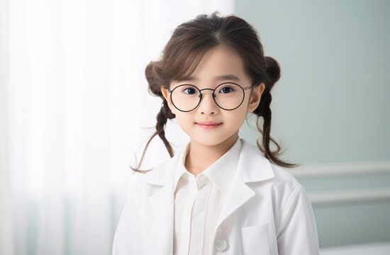 a girl wearing glasses and a white coat