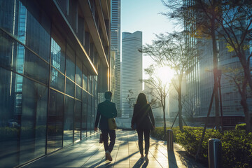 Two people walking down a sidewalk in a city. The sun is shining brightly, casting a warm glow on...