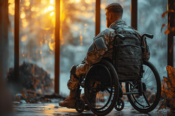 back of sad military soldier disabled man with prosthetic legs sitting in invalid wheelchair at home near window
