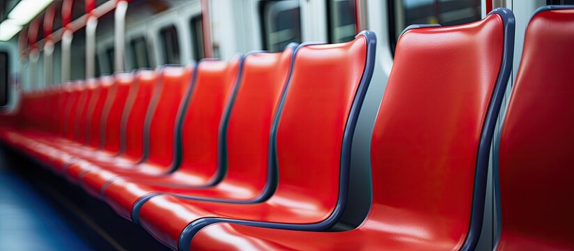 A row of red seats on a subway train resembling automotive design elements such as chairs, bumpers, and grilles