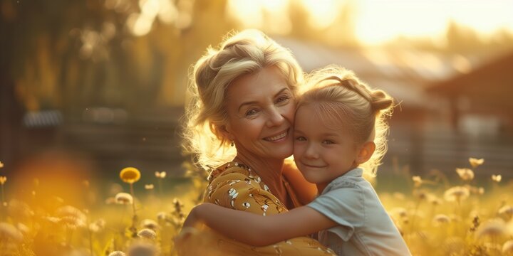Joyful Grandmother Embracing Grandchildren in Garden