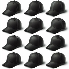 A set of black baseball caps isolated on a white background