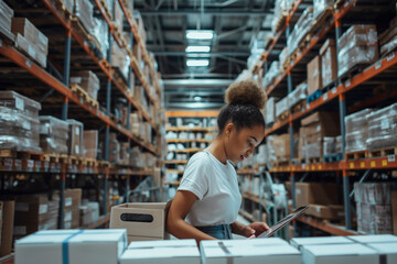 Young female warehouse worker checks inventory with clipboard, A woman is standing in a warehouse, looking at a tablet. She is wearing a white shirt and has a ponytail