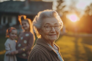 Obraz premium Joyful Grandmother Embracing Grandchildren in Garden