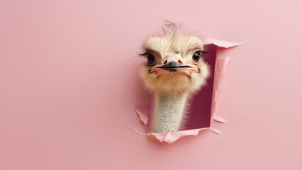 A curious ostrich pokes its beak through a neatly torn hole in a pink paper, with a comical effect