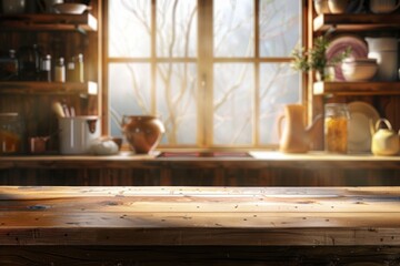 Wood table top without any objects against a blurry kitchen window background. for montage of food or products.
