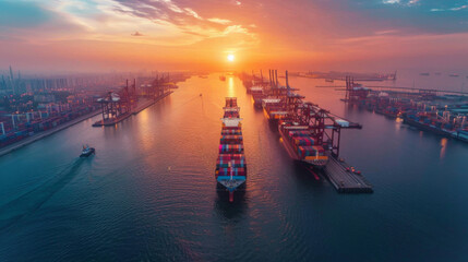 Aerial view of shipping containers in a port at golden hour.