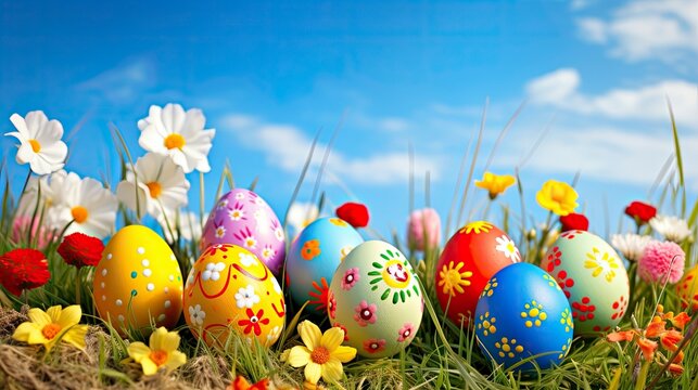 Colorful Easter eggs decorated with flowers in the grass on blue sky background - generative ai