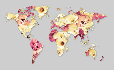 World map made of beautiful flowers on grey background, banner design