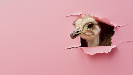 A sly ostrich gives an amusing and clever glance as it stares out from a jagged rosy paper break - obrazy, fototapety, plakaty