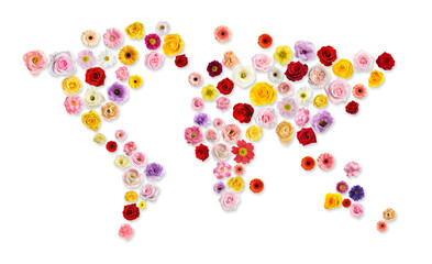 World map made of beautiful flowers on white background, banner design