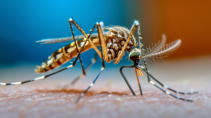 Close-up of a mosquito biting human skin, detailed and warm lighting.