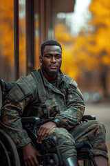 Obraz premium young military soldier disabled black man with prosthetic legs in invalid wheelchair on walk in street near house