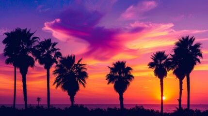 Fototapeta na wymiar Tropical Palm Trees Silhouette at Sunset