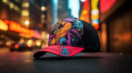 a basketball cap set against a gritty city backdrop with graffiti-covered walls, bustling streets, and flickering neon lights, evoking a sense of urban energy and creativity, Photography,