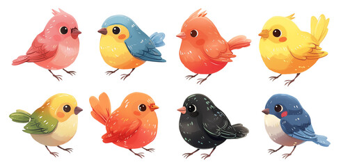 Cute cartoon watercolor bird characters. Set of spring nature decoration elements, small forest...