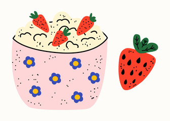 Healthy breakfast. A plate of porridge or oatmeal and strawberries. Set of vector flat illustrations in hand drawn style. Delicious dishes. Cartoon food icons. Isolated on a white background.