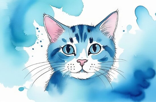 Cute cat drawn with watercolor paints, on a blue background. Charming holiday card